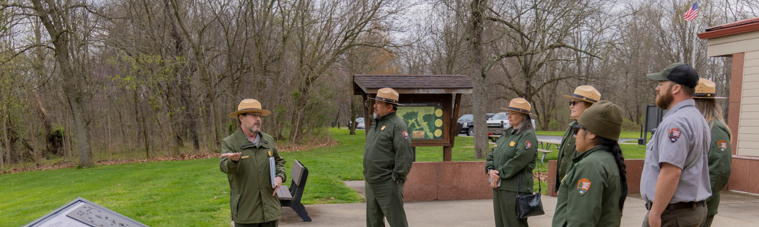 National Park Service Director speaks to park rangers at Hopewell Culture National Historical Park.